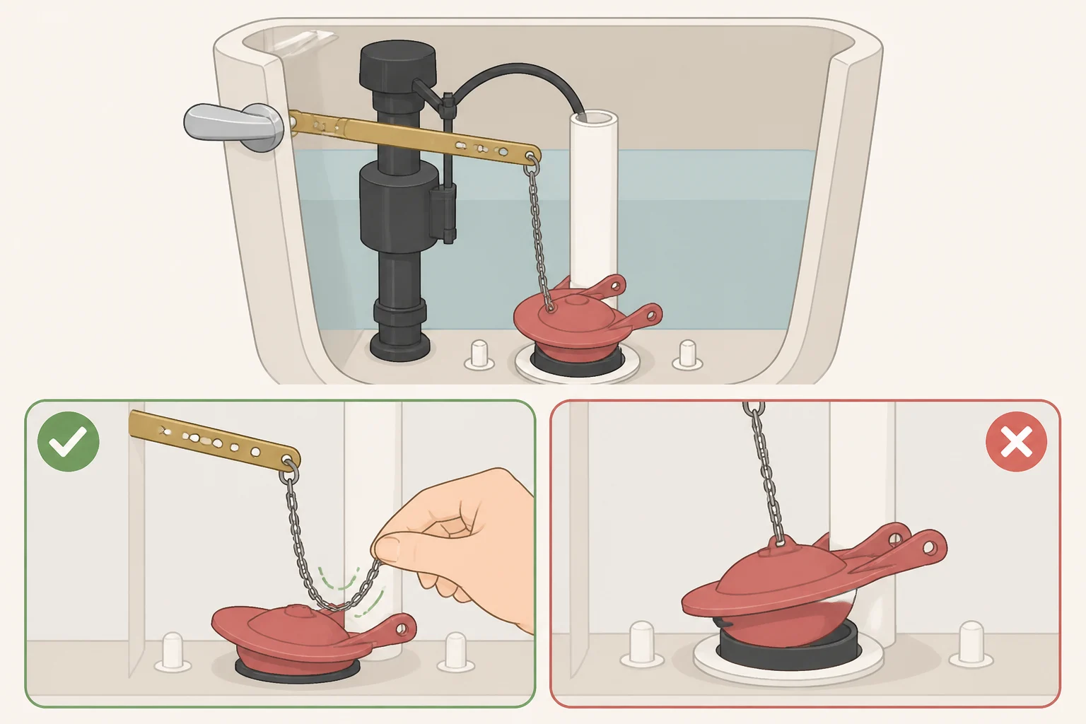 Illustration of a toilet tank showing the flush handle chain slack (one to two links) and a flapper settling flat over the drain opening, with notes on what happens when the chain is too tight or too loose