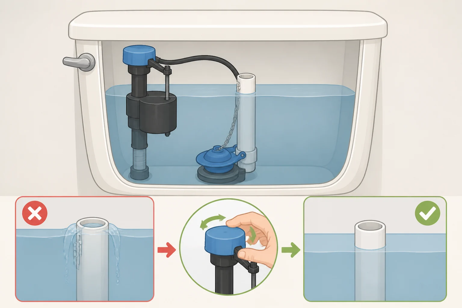Illustration of a toilet tank refill cycle highlighting the marked fill line and water spilling into the overflow tube, demonstrating how lowering the water level stops the running