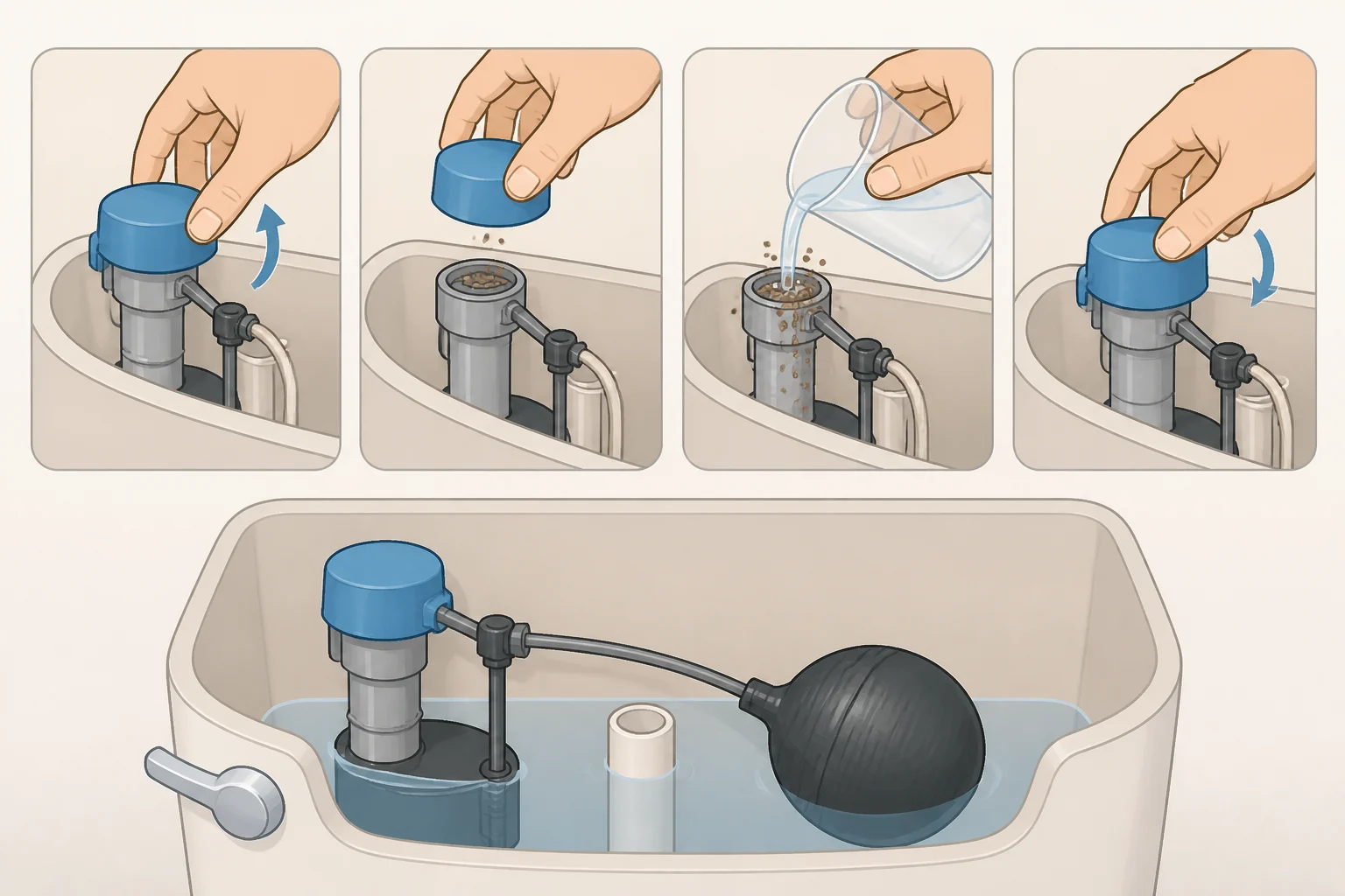 Illustration of a toilet fill valve cap being cleared with a plastic cup to remove sediment, supporting the steps in how to fix a running toilet without a plumber