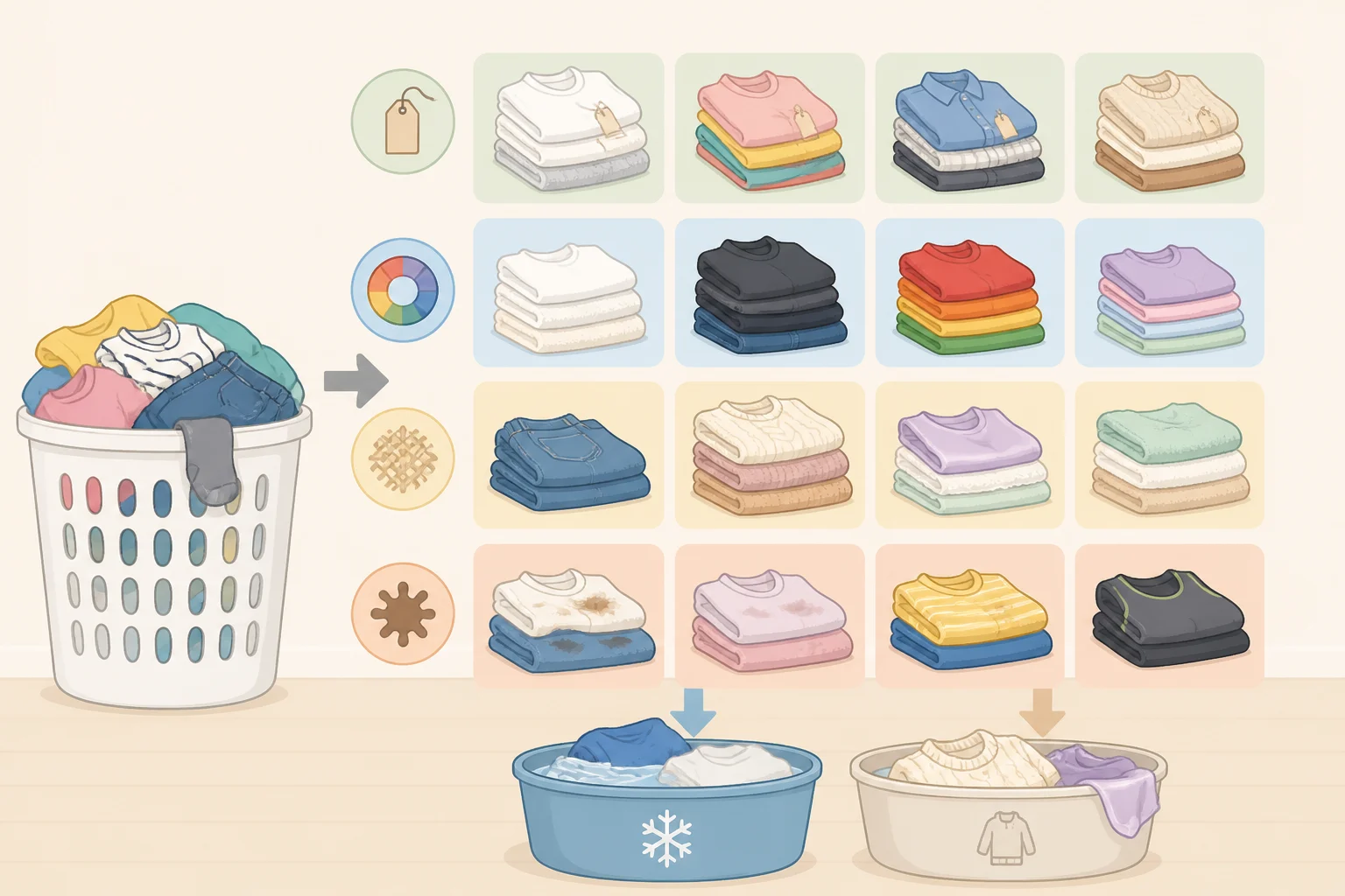 Illustration of a hamper being sorted into labeled piles by care label symbols, colors (darks and brights vs whites), delicates like silk and wool, and a separate pile for items needing fresh stain pretreatment