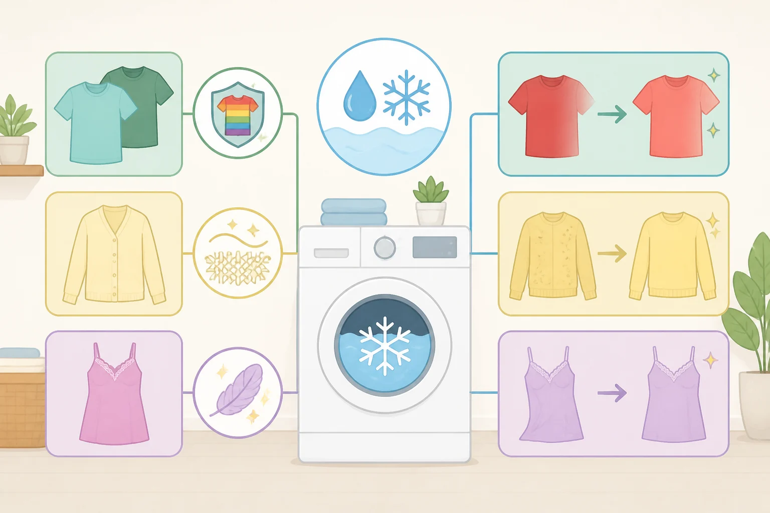 Chart-style illustration showing which garments benefit from cold water for color protection and fiber protection, including new darks, silk and rayon, wool, spandex activewear, and synthetics