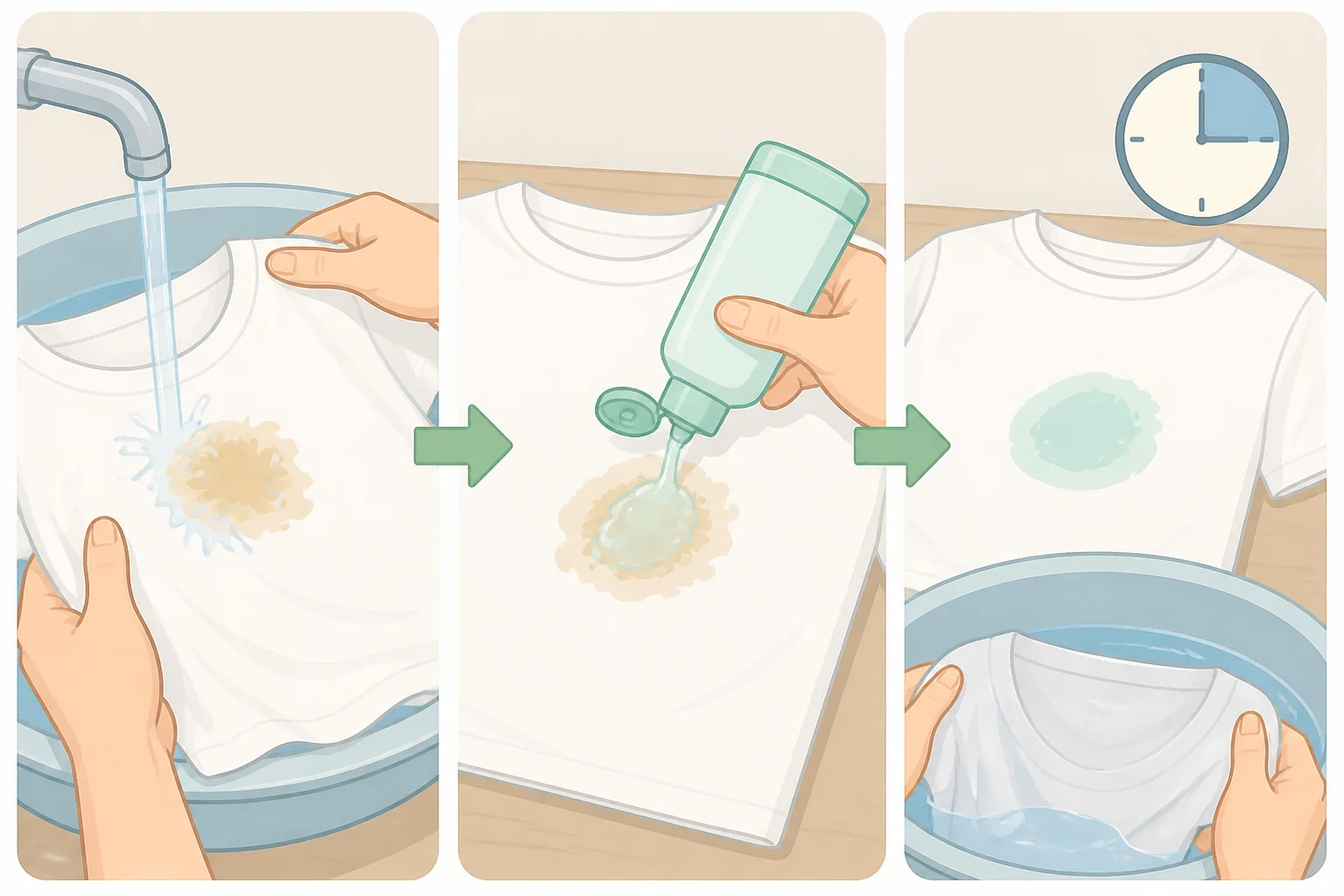 Step-by-step cold-water pretreatment for a fresh protein stain: blood, egg, or sweat rinsed under cold water, stain treatment applied, and allowed to sit for about 15 minutes before washing what clothes should be washed in cold water
