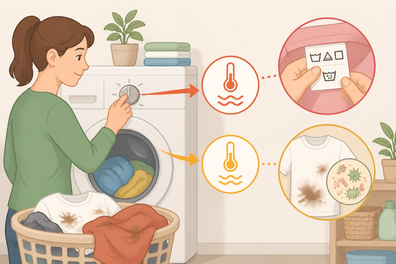 Illustration of cold-water limits for hygiene cases, with icons indicating dust mites, illness laundry, heavily soiled work clothes, and kitchen rags being shifted to warmer or hot settings only when care labels allow
