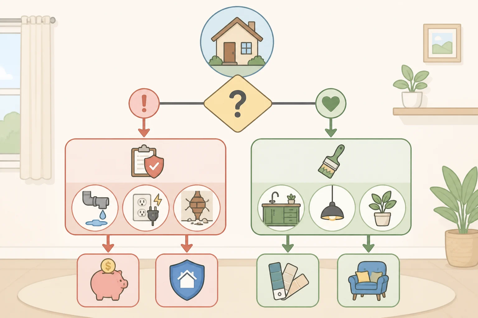 Decision tree for home repairs showing which visible, isolated problems can be DIY and which items like hidden water damage, exposed wiring, gas lines, foundation movement, or mold require a licensed professional