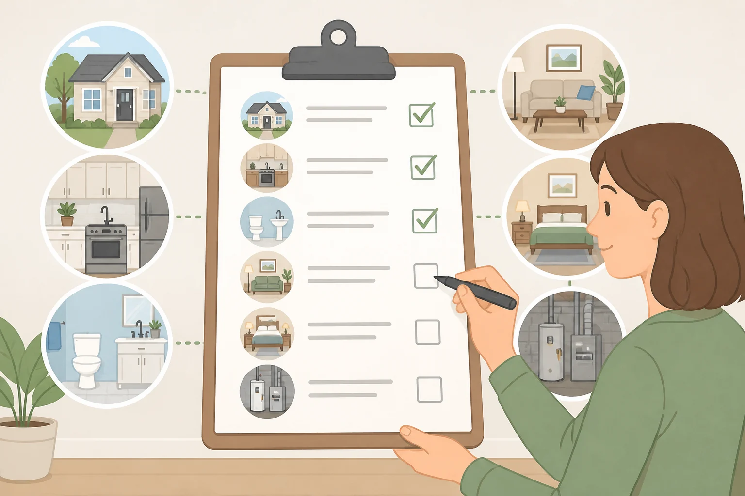 Illustration of a pre-listing checklist marking safety items like smoke detectors, GFCI outlets, roof or foundation concerns, and adding a note to focus on affordable repairs to make before selling a house