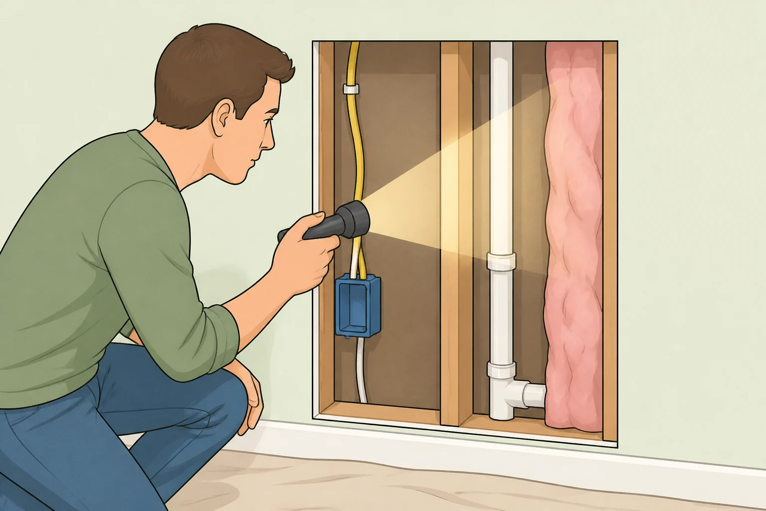 Before you learn how to add recessed bathroom storage, a flashlight reveals what’s inside a between-stud wall bay so wiring, plumbing, ducts, or fire blocking can be spotted.
