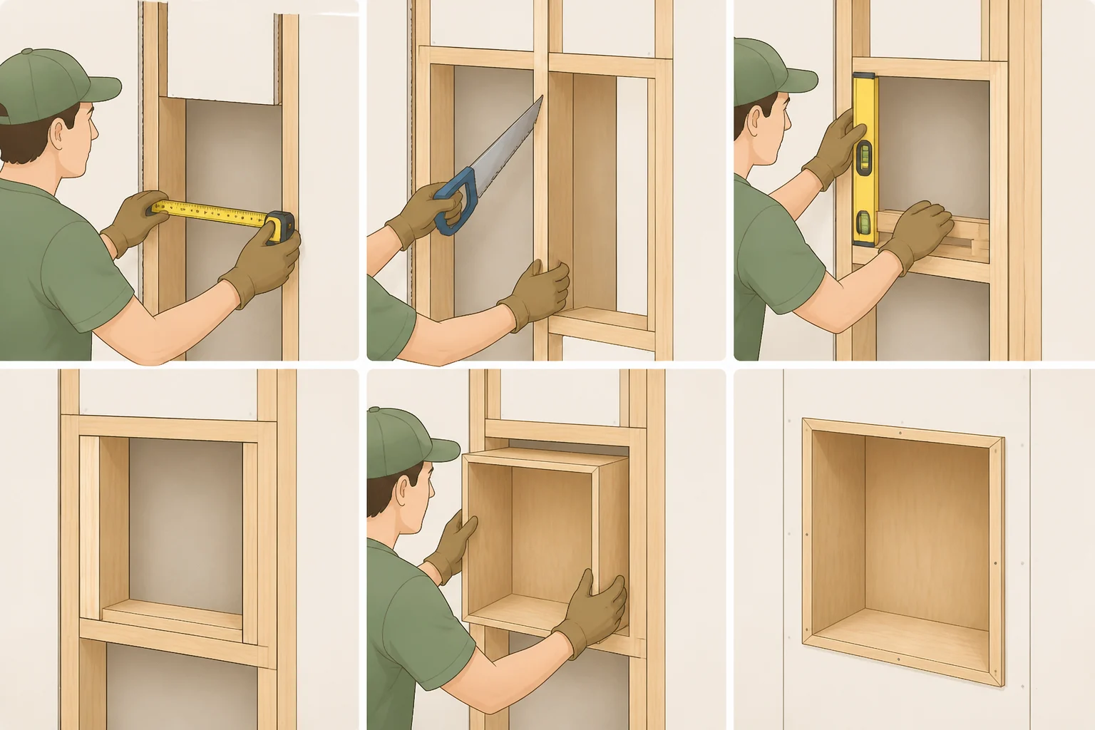 A recessed between-stud shelf cabinet framed with two bordering studs, showing the enlarged drywall opening and a sealed plywood liner box fitted to the cavity depth.