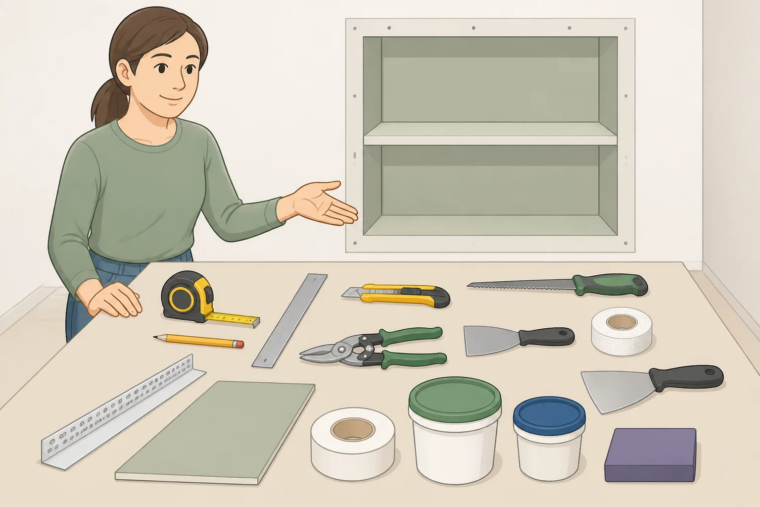 Tools and materials laid out for a recessed bathroom shelf build, including a stud finder, flashlight, drywall saw, level, moisture-tolerant plywood, screws, primer, and paint.