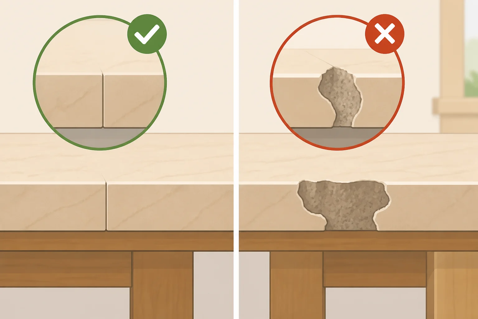Illustration comparing a flush aligned crack suitable for ClearWeld-style liquid bonding versus a missing chunk and stripped hole that require epoxy putty for rebuilding