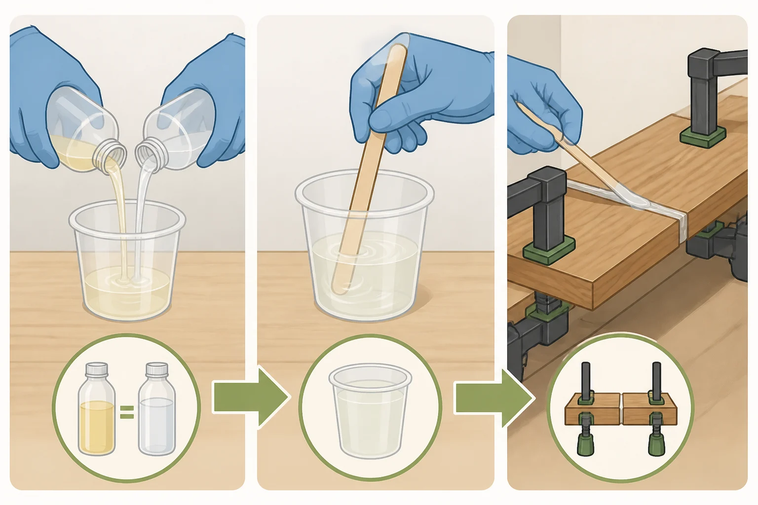 Illustration of equal-part resin and hardener being mixed 1:1, followed by thin-layer application and clamping while the joint cures
