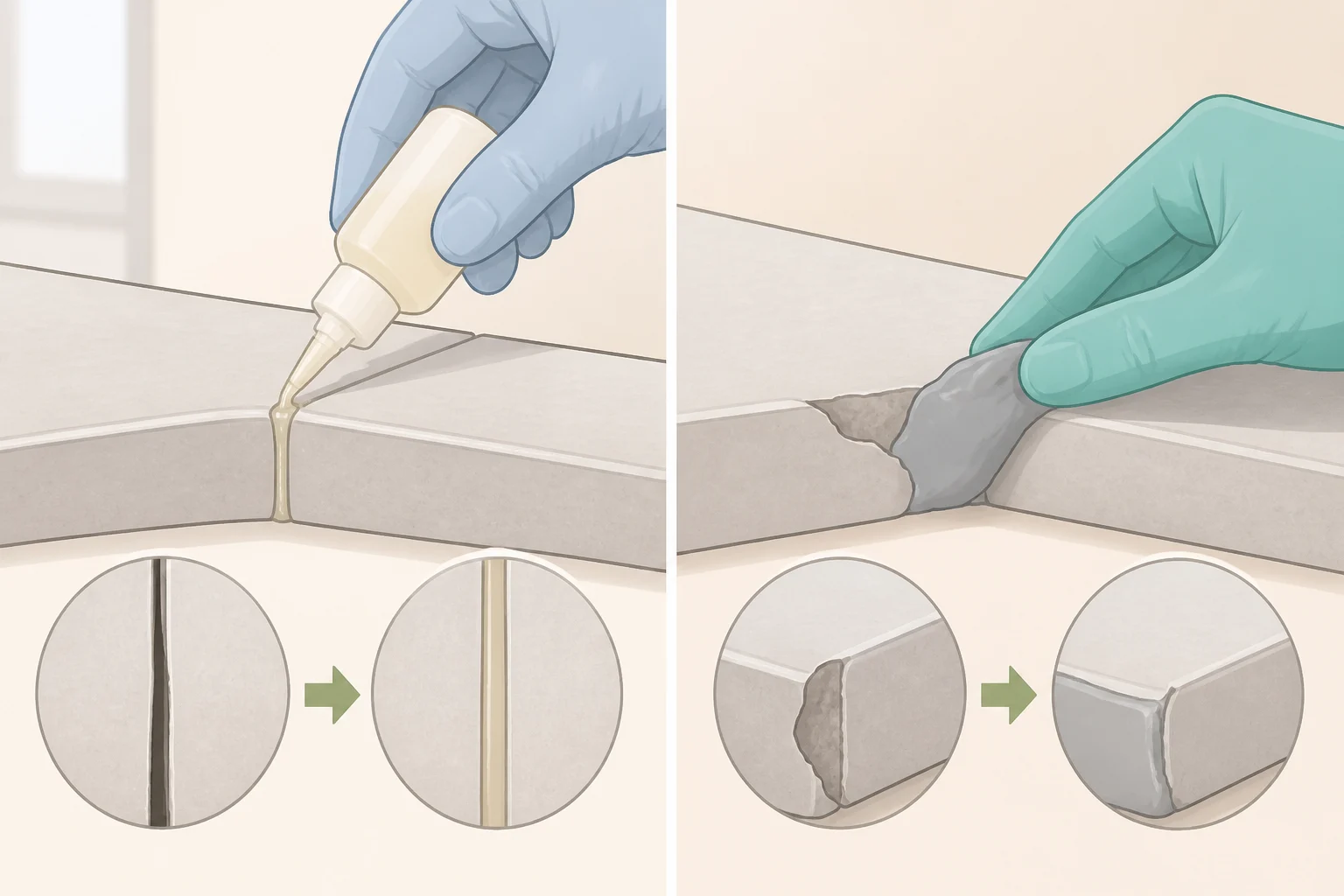 Illustration contrasting liquid epoxy flowing into a narrow seam with epoxy putty being pressed and shaped to rebuild a missing section