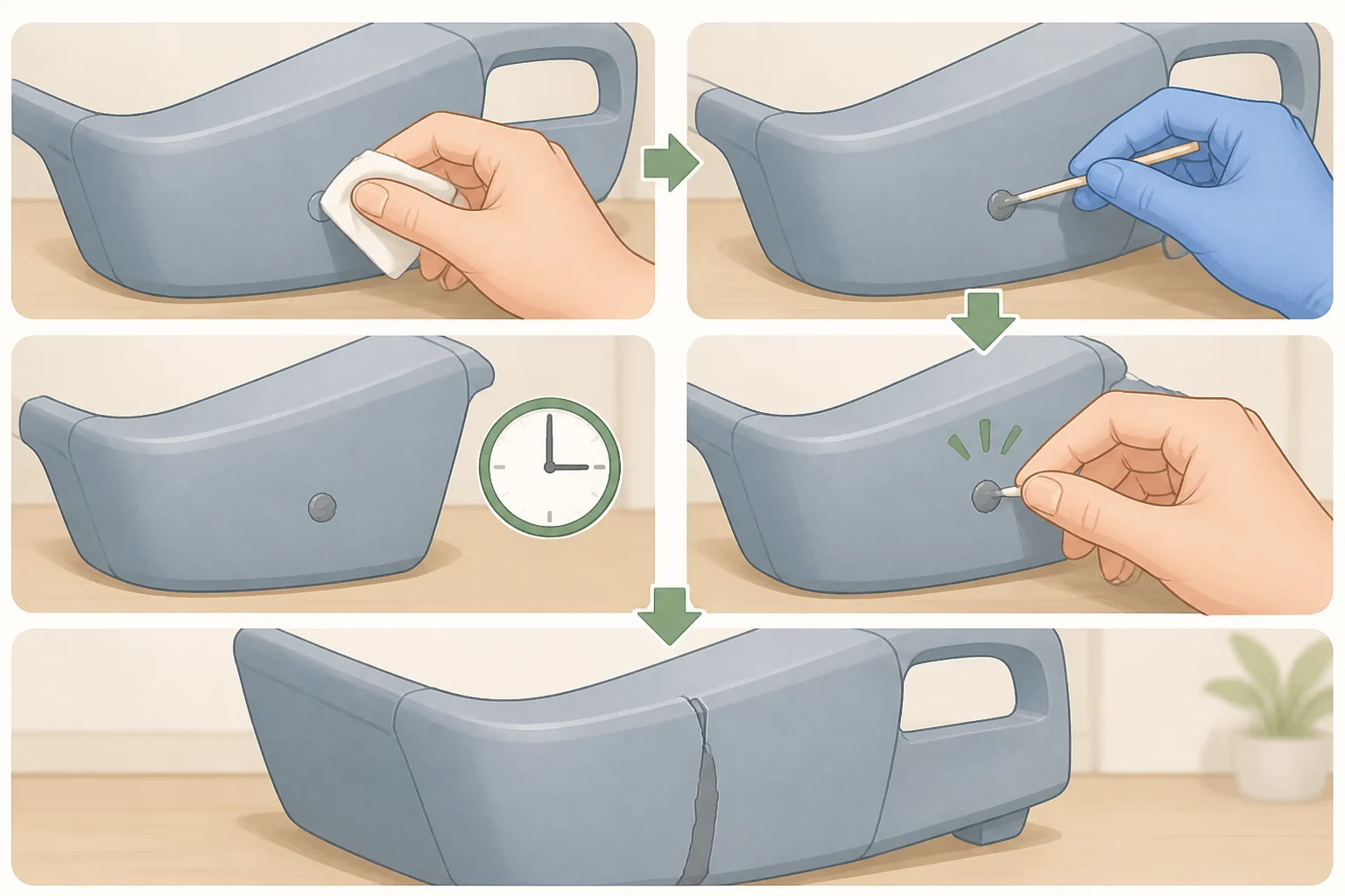 Illustration of hands applying epoxy to a hidden test area on an unknown plastic to confirm adhesion before using J-B Weld vs Gorilla Epoxy for the full repair