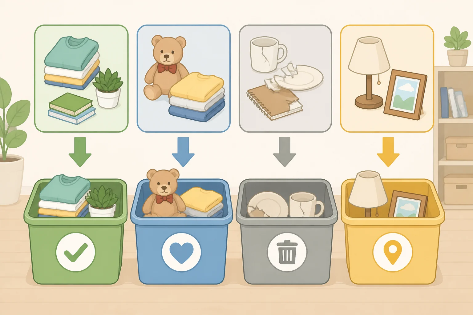 A four-box decluttering method layout with four labeled binsKeep for items belonging in the room, Donate for usable items leaving the house, Trash for unusable items, and Relocate for items with an assigned destination in another room