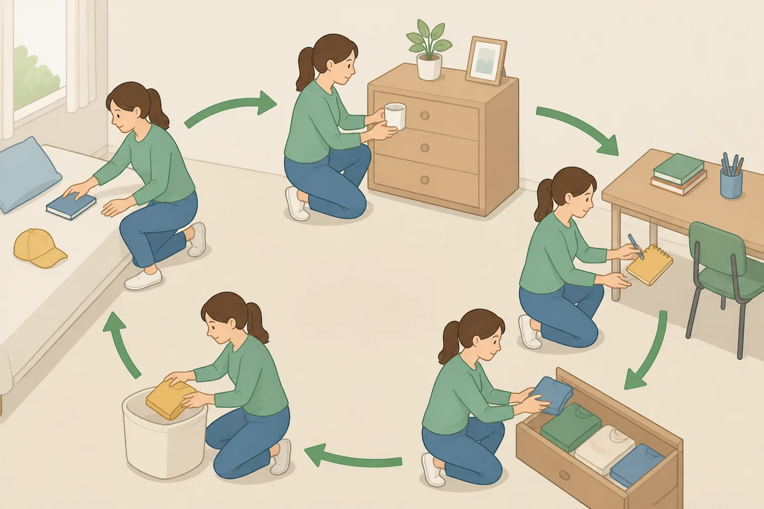 A top-down view of a room where decluttering starts in one corner and moves in a single direction, clearing floors and open surfaces first while drawers are left for a second pass
