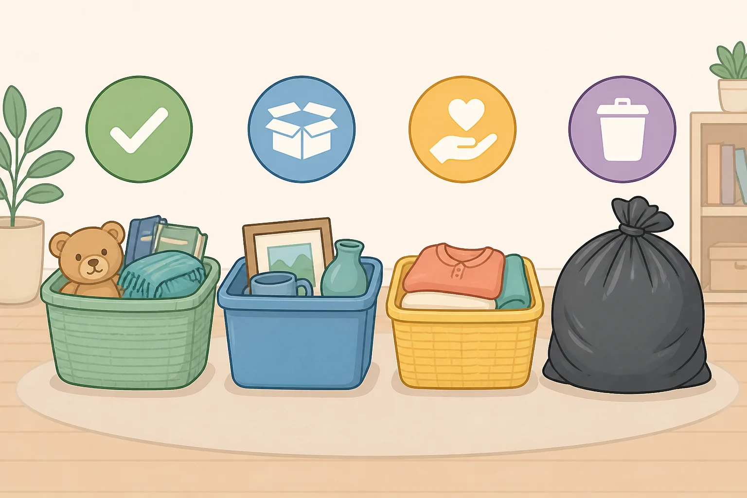 A room setup with four improvised containers labeled with tapelaundry basket for Keep, tote bag for Donate, open trash bag for Trash, and a second basket for Relocatepositioned within arm’s reach