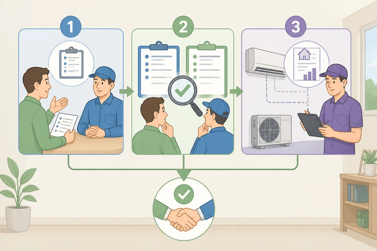 Flowchart guiding a homeowner to line up quote fields, question old-system tonnage assumptions, request written explanations, and order an independent Manual J load calculation when the gap remains unexplained