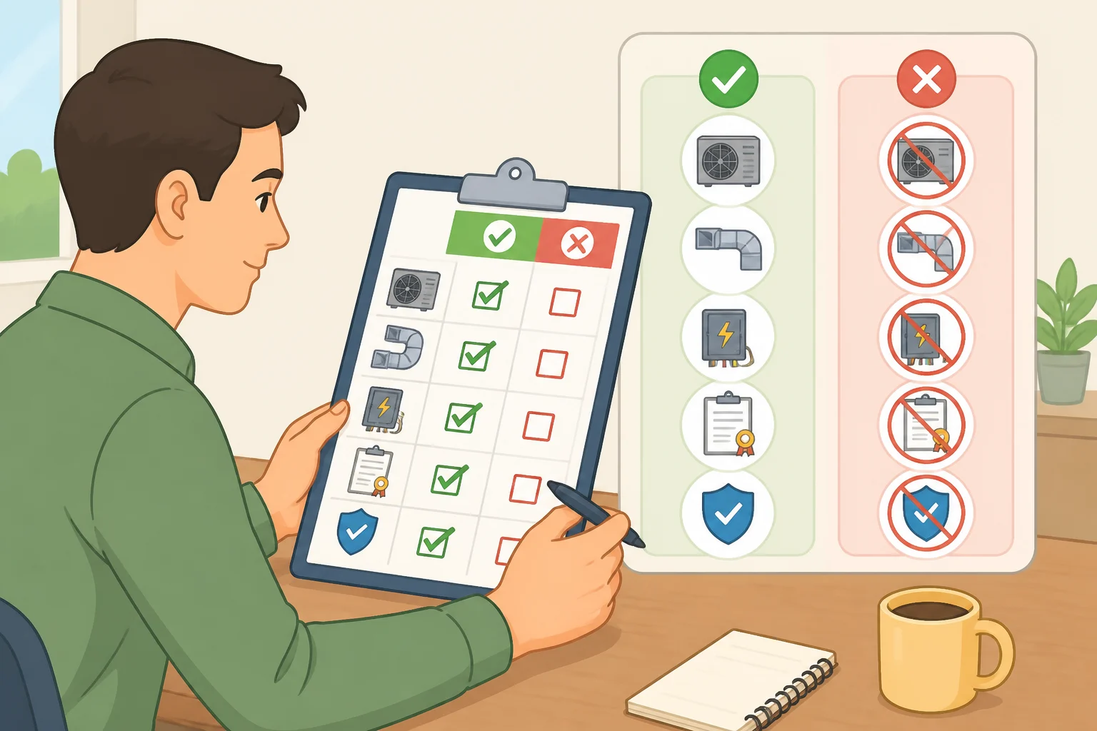 Bid audit checklist showing included model numbers, ductwork/electrical scope, permits, disposal, and labor warranty terms for comparing two HVAC quotes