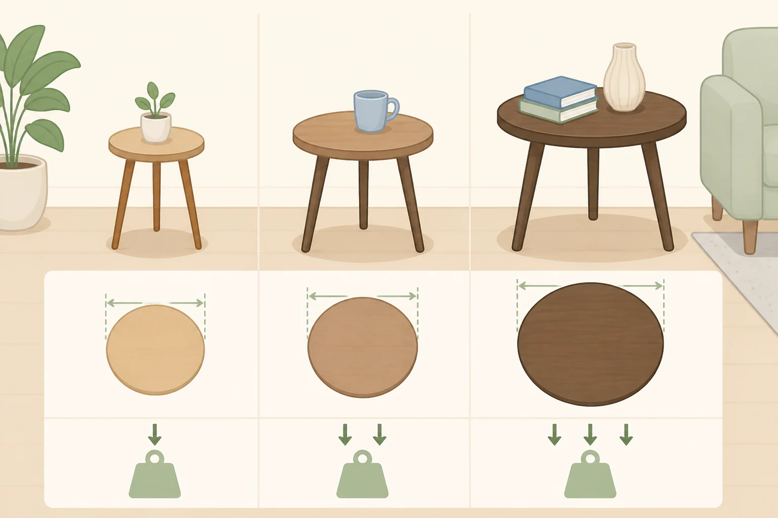 Illustration comparing IKEA PS 2026, LACK, and ÄMMARYD side tables by tabletop dimensions, approximate surface area, and max load limits
