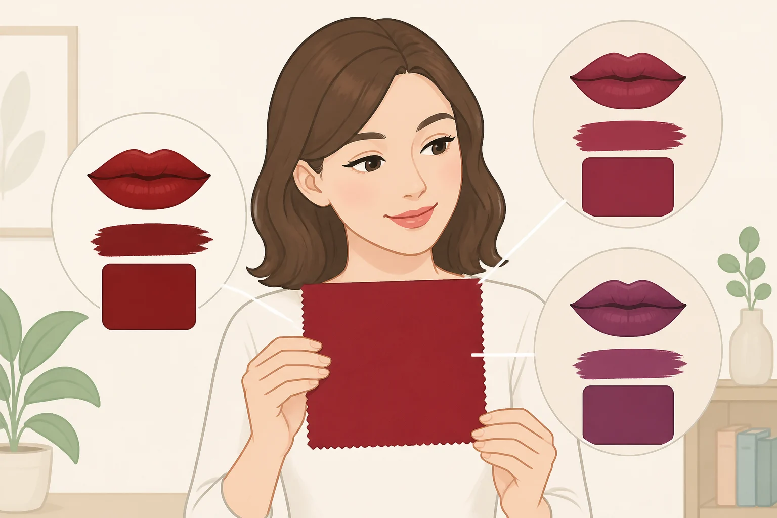 Color swatches comparing the IKEA PS 2026 side table dark red finish to reviewer-described dark wine and plum/aubergine shades