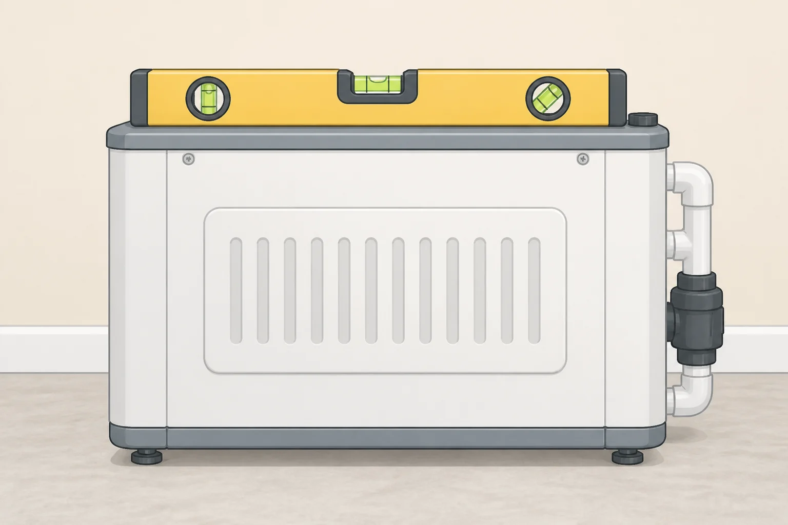 Illustration of using a torpedo level across the top of a portable AC to confirm the cabinet is sitting evenly and not tipping enough to trigger FL