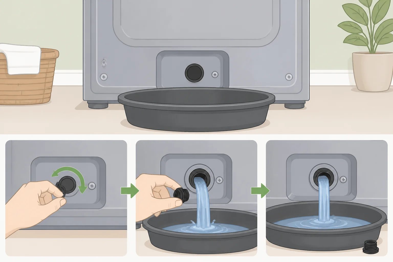 Illustration of a portable AC showing the lower back-panel drain plug with a shallow pan or towels positioned underneath to catch the emptied condensate