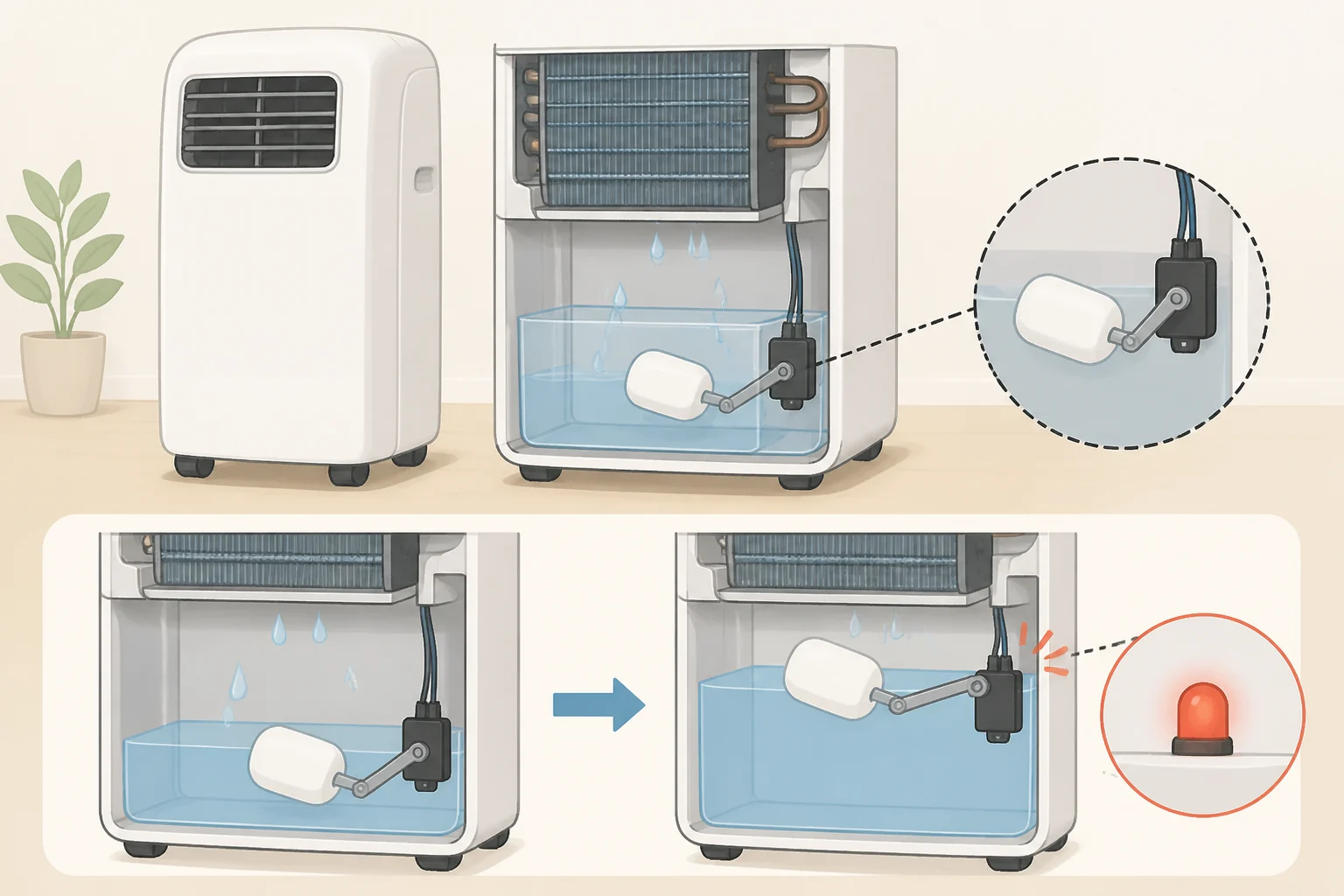 Diagram of what does FL mean on a portable air conditioner: the internal condensate tank filling until a float switch trips to stop cooling and prevent overflow