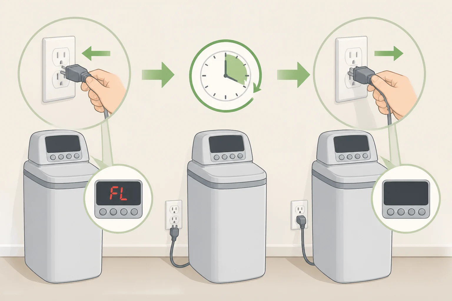 Step-by-step graphic of unplugging a portable air conditioner for about 60 seconds, then pressing power again to clear the FL or P1 full-tank warning