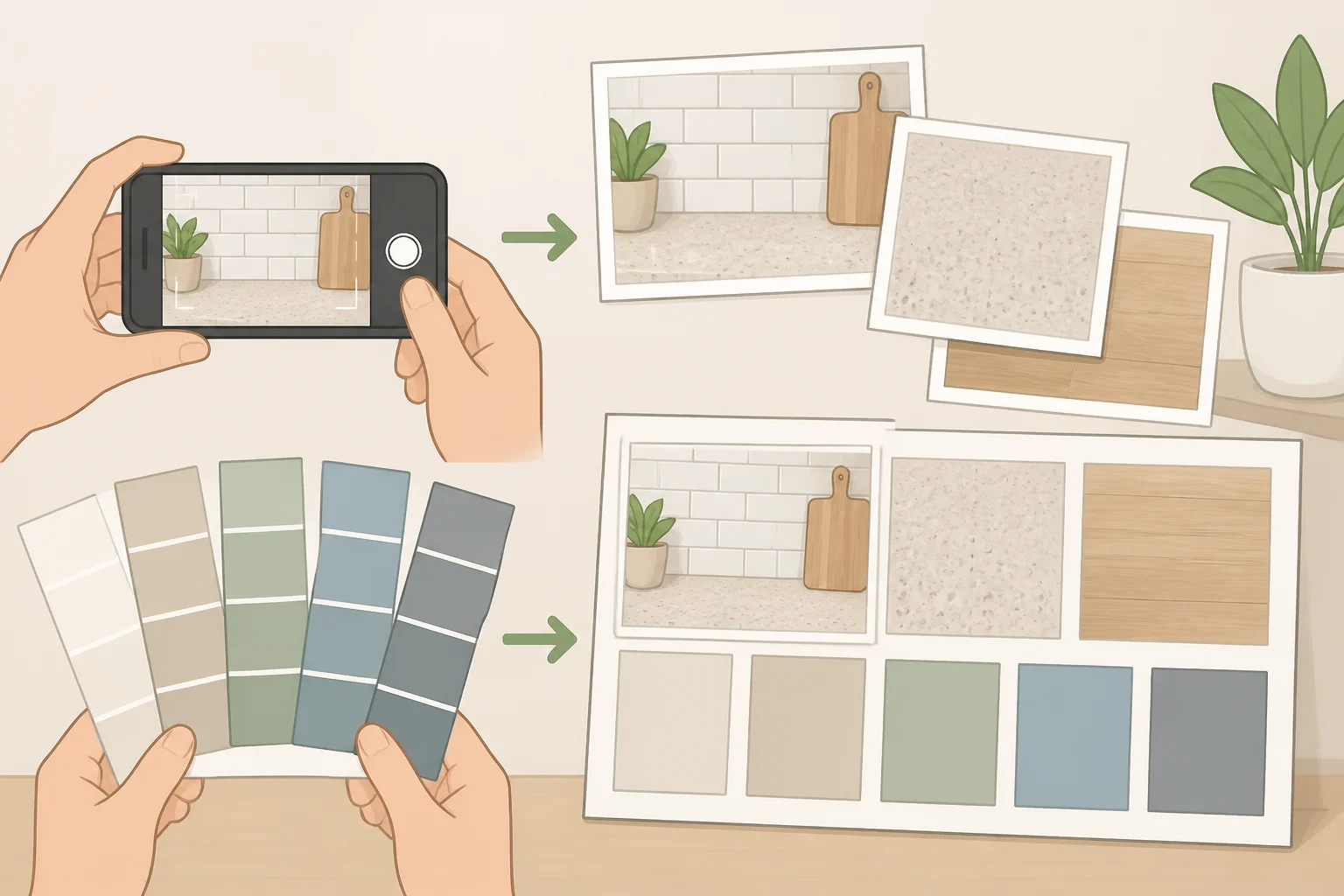 A homeowner laying out photos of the countertop, backsplash tile, and flooring alongside a 2-by-2-foot white poster board with two to three Sherwin-Williams paint samples for choosing the best kitchen cabinet paint colors for every design style