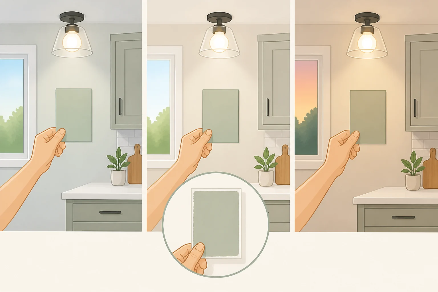 A white poster board with two coats of paint propped beside the cabinets and countertop, shown at four lighting times to reveal how undertone and brightness shift