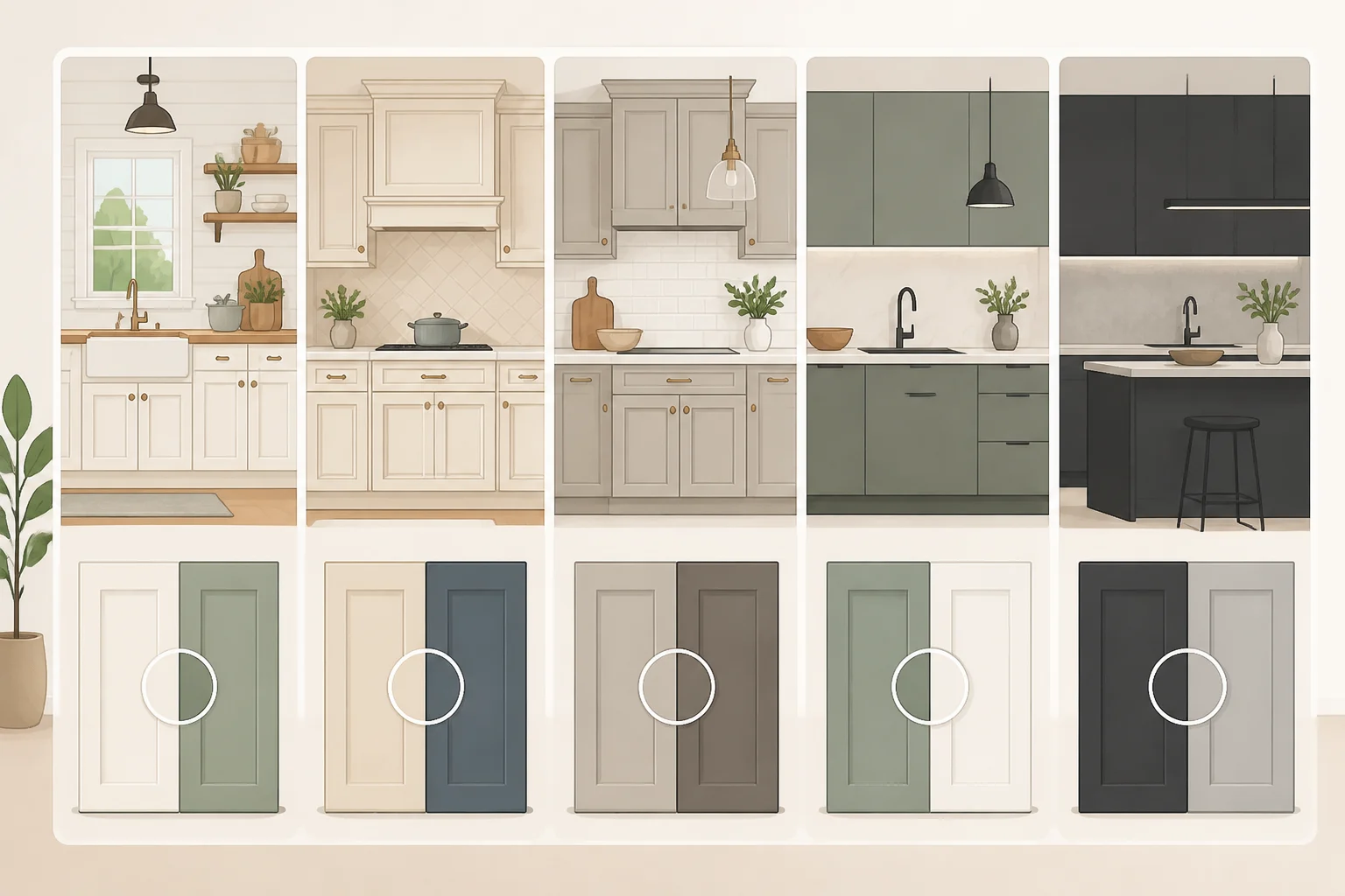A multi-panel collage showing kitchen styles with suggested cabinet paint colors, including sage and cream for farmhouse, navy and red accents for traditional, deep green tone-on-tone for transitional, and cool whites for contemporary and modern