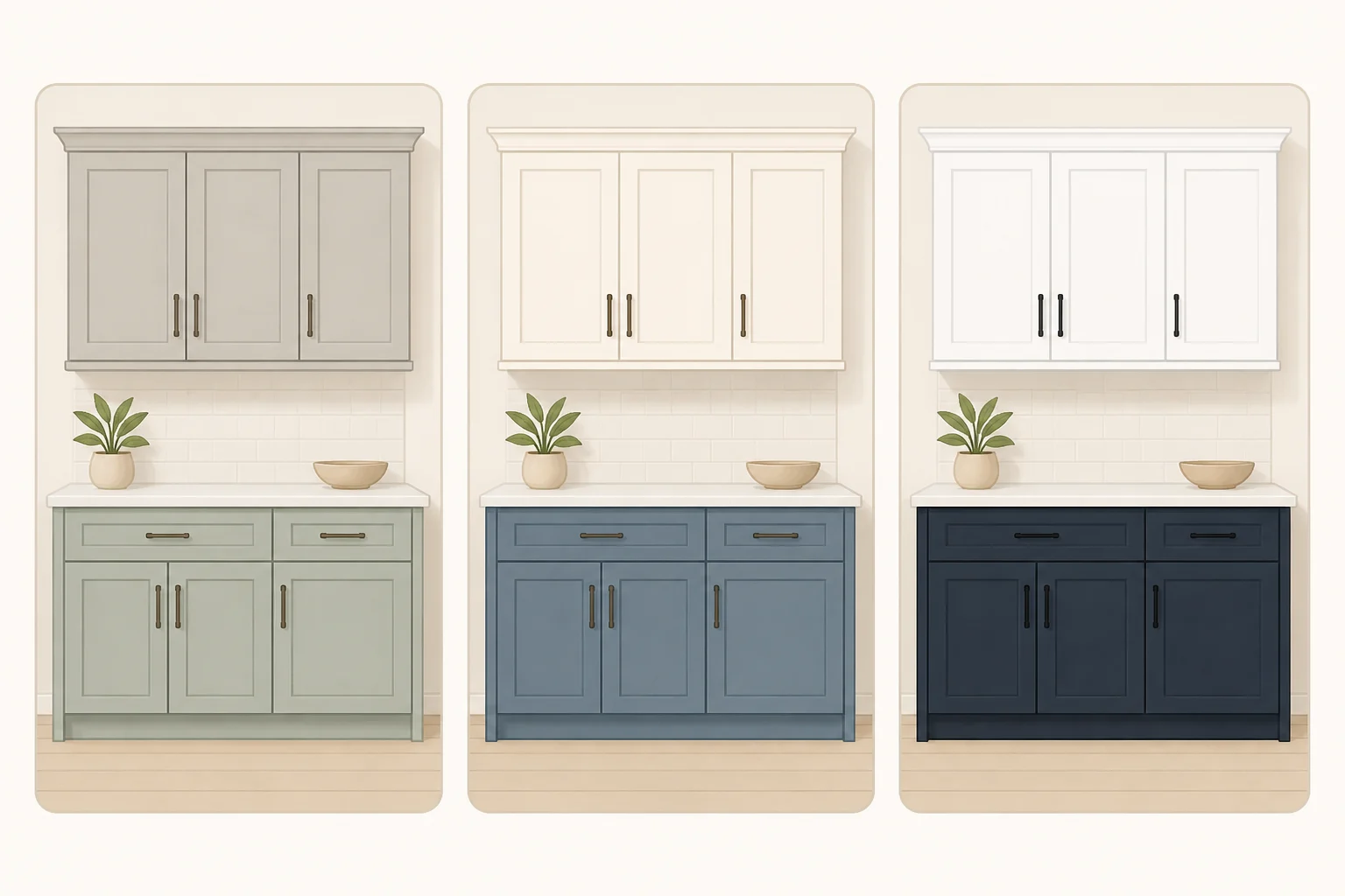 Diagrams illustrating low-contrast one-family cabinetry, medium-contrast light uppers with darker lowers, and high-contrast bold lower cabinets against lighter walls
