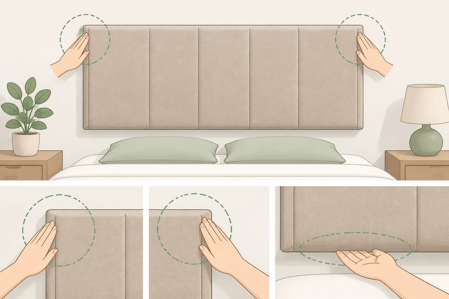Close-up of hands pressing the top corners and bottom edge of a mounted wavy headboard panel to confirm it doesn’t shift or rock