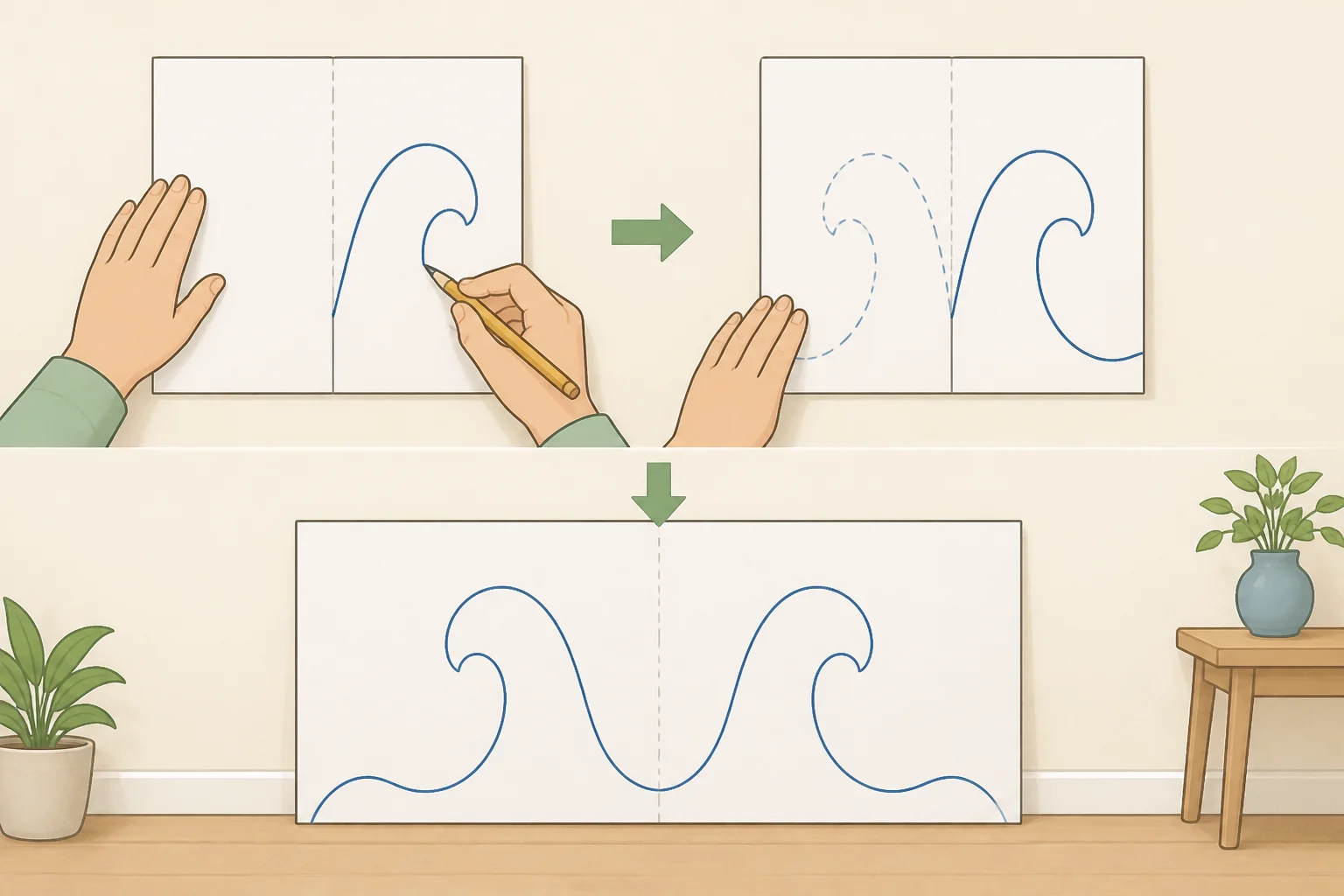 Folded kraft-paper template showing a mirrored symmetrical wave shape for a DIY wavy headboard with built-in nightstands, taped to the wall at bed height