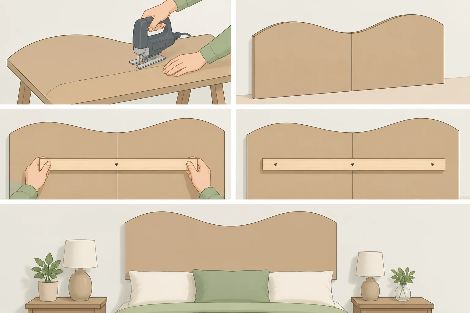 Builder cutting a curved MDF panel on sawhorses and adding a 1x4 backer strip across the back seam before filling and painting