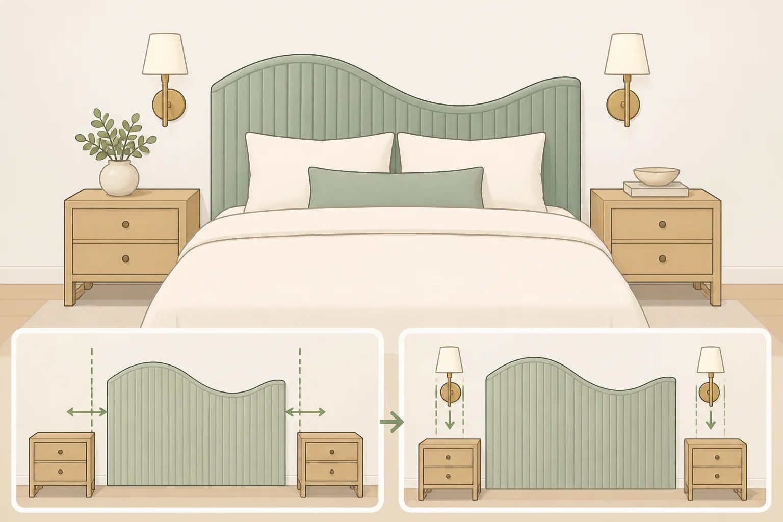 Bedroom layout showing two matching nightstands and pair of flanking sconces positioned beside a wavy headboard panel to create a built-in look
