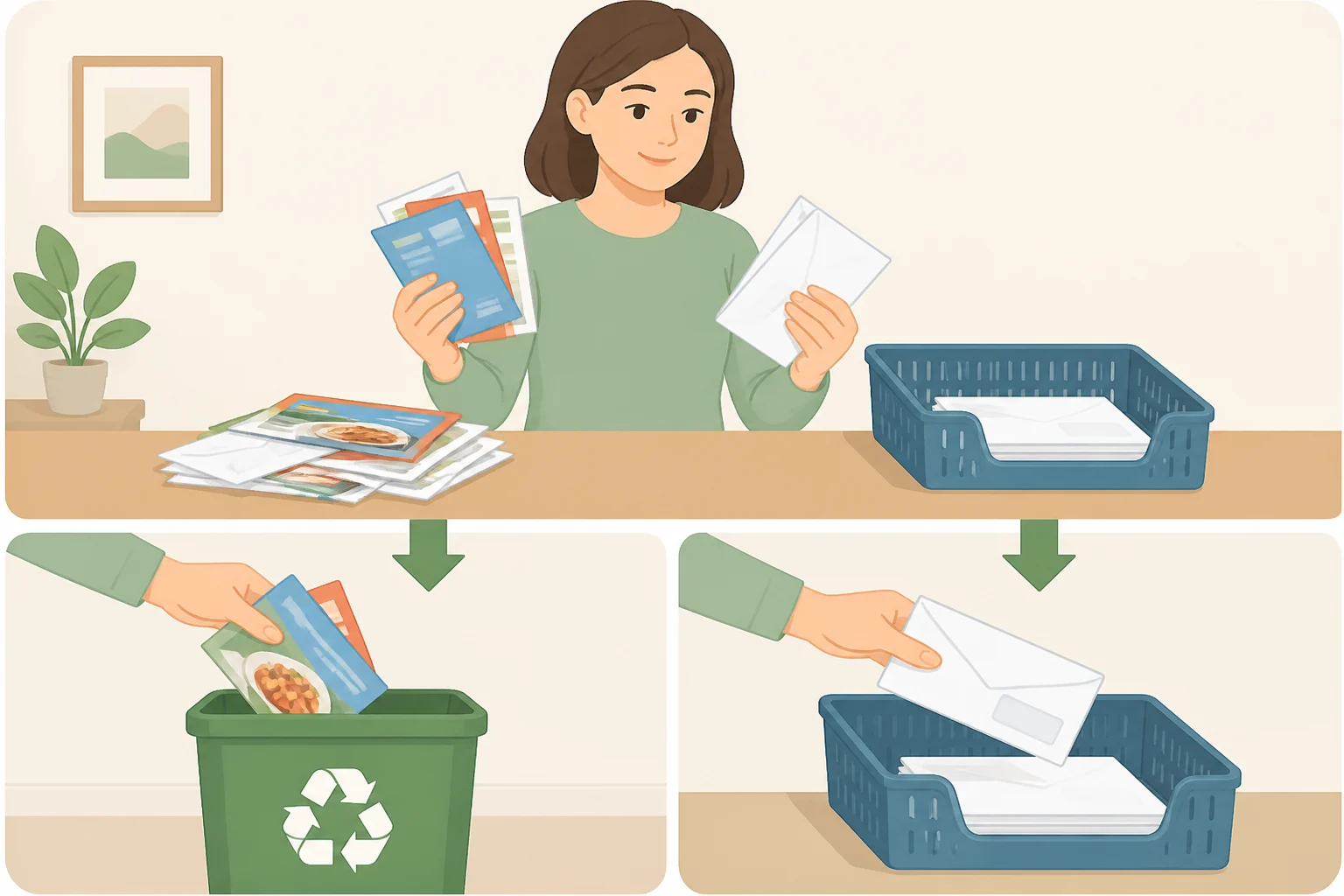 Daily mail routine showing junk mail tossed into a near-door recycling container and useful mail placed immediately into a designated entryway tray