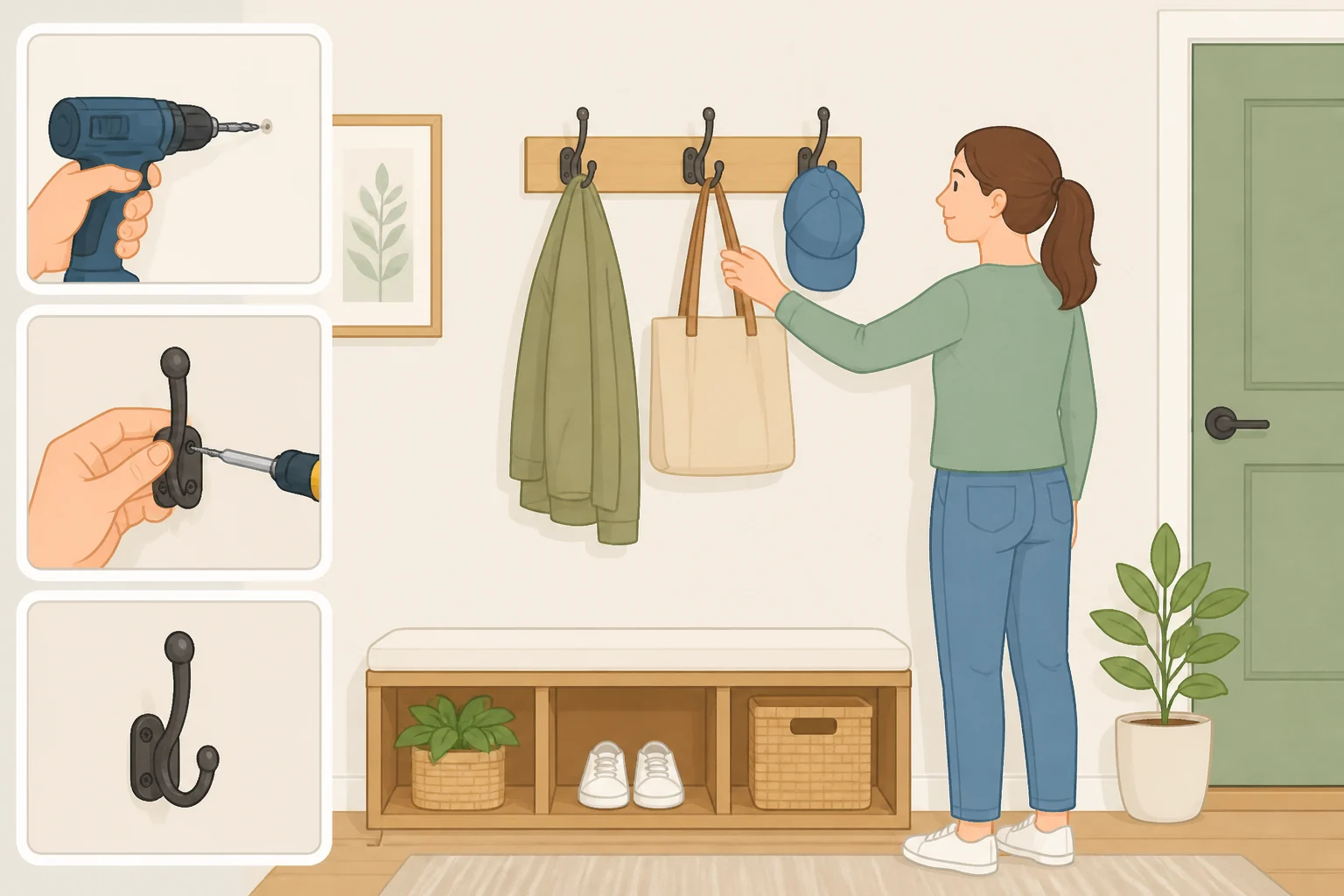Home entry wall with multiple coat and bag hooks mounted at correct heights for each person, plus a hanging basket for small items and mail