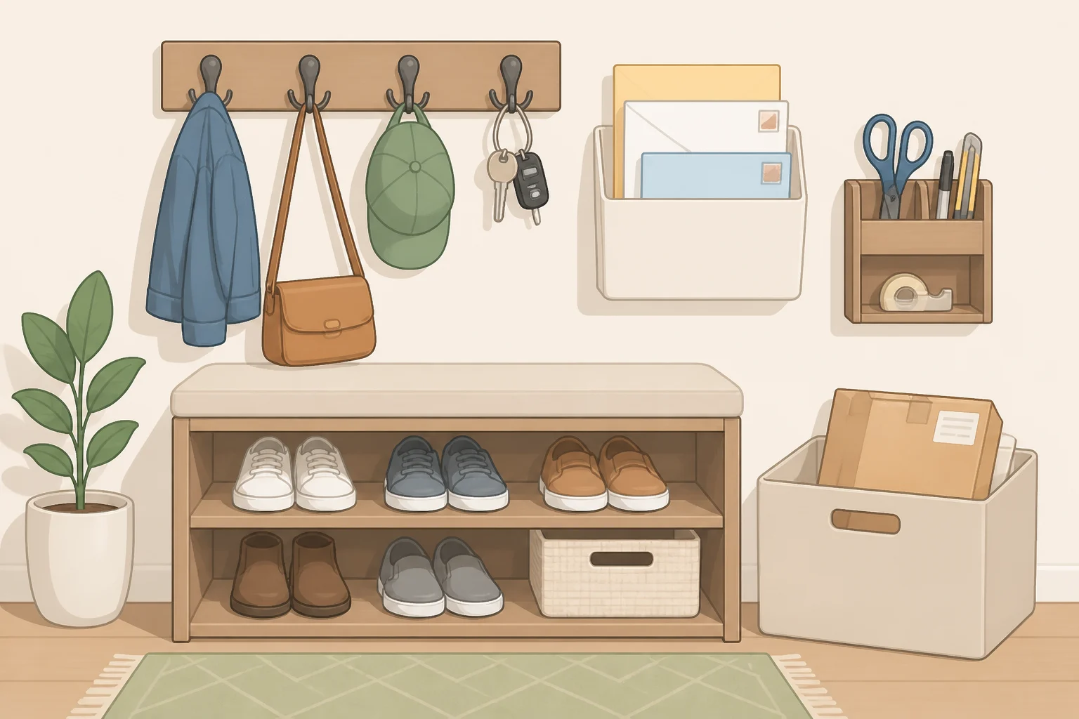 Entryway organization ideas toolkit featuring wall hooks, a shoe basket or bench storage, a key bowl, a mail tray or lidded bin, and a hidden box cutter for packages