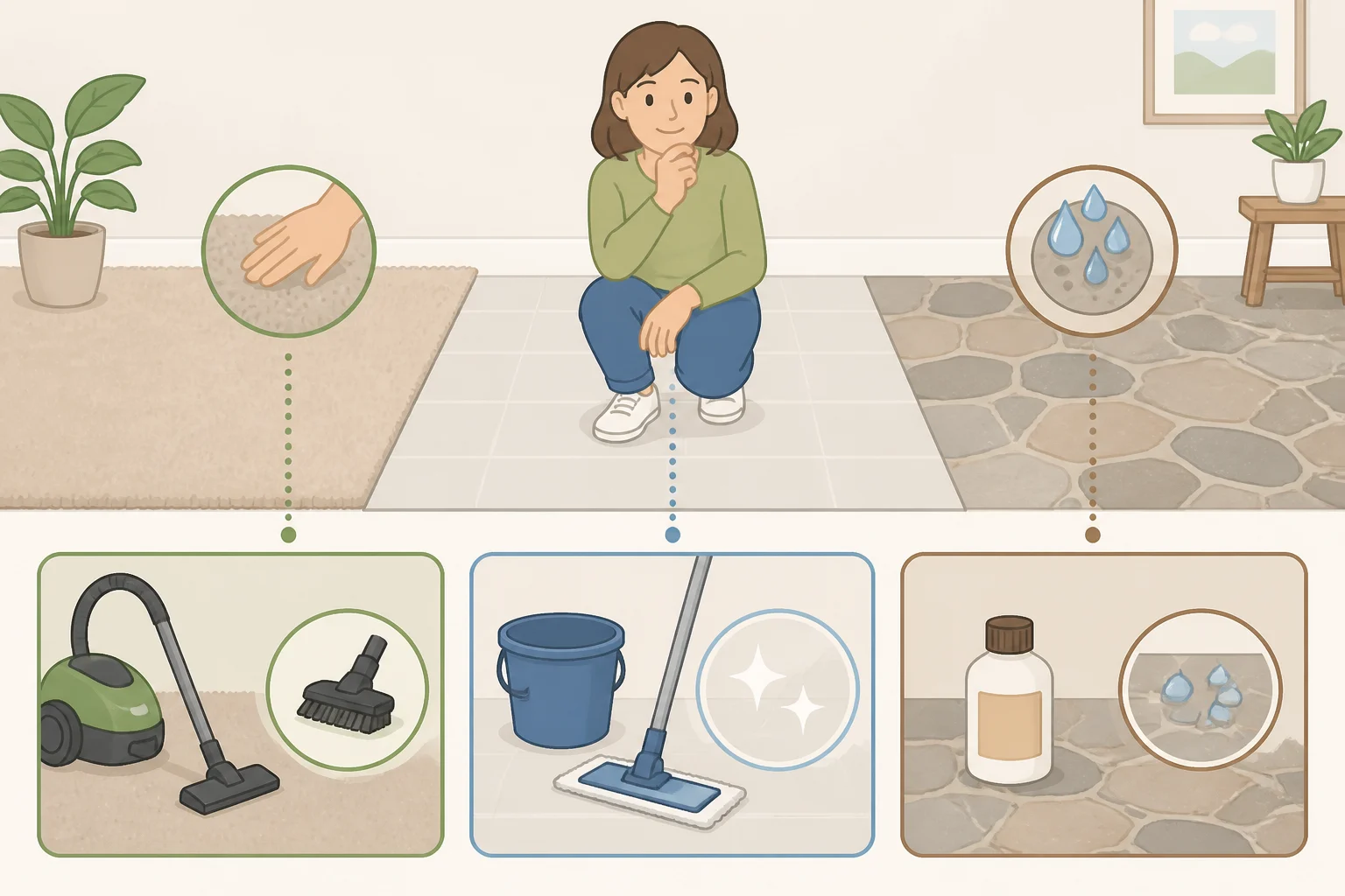 Illustration comparing how enzymatic cleaner use differs for carpet, hard sealed floors like tile, and unsealed stone to prevent pooling and damage while removing cat urine smell