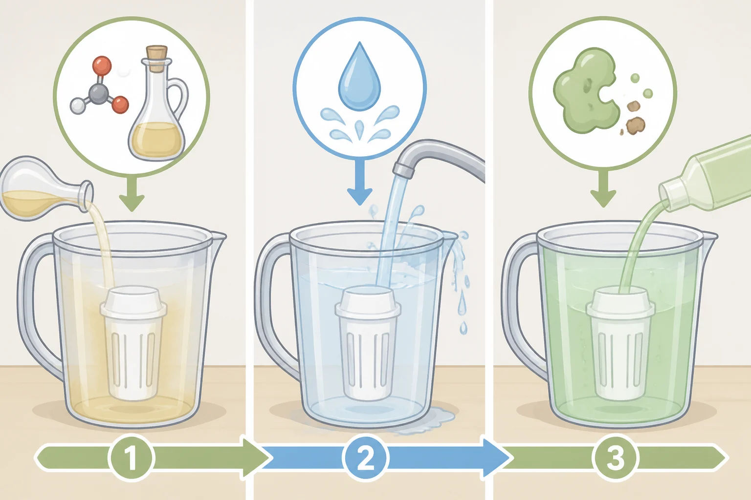 Illustration demonstrating rinsing vinegar with plain water before applying an enzymatic cleaner so acidity doesn't denature the enzymes