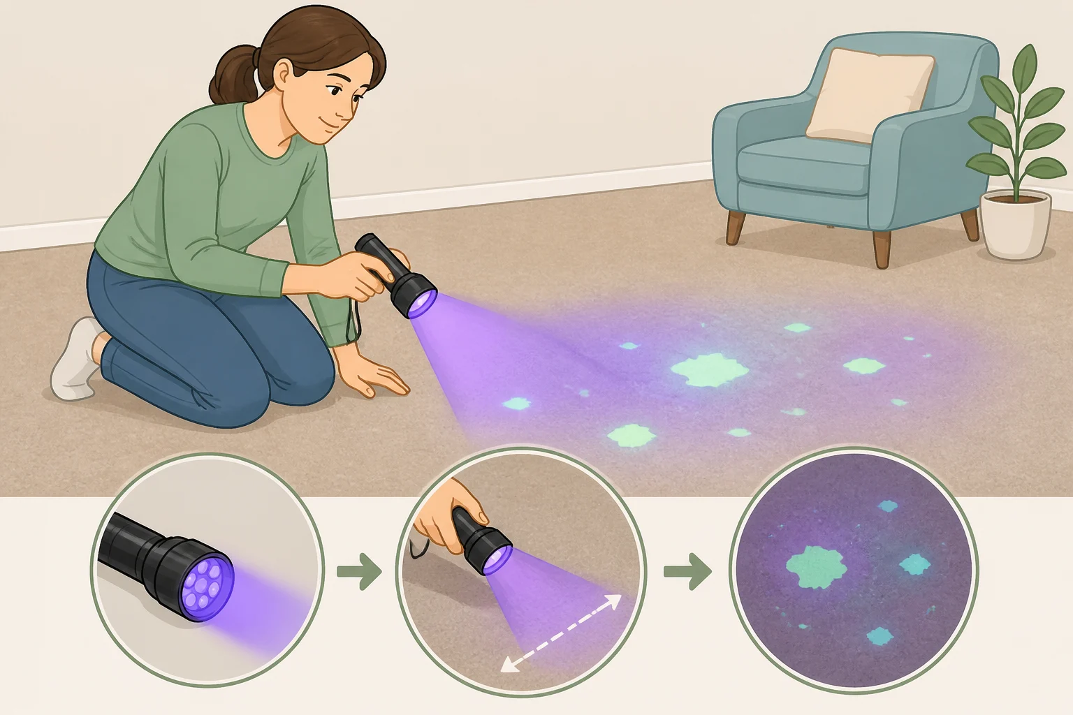 Illustration of a person using a UV blacklight in a darkened room to reveal where cat urine contamination fluoresces on carpet during how to get rid of cat urine smell