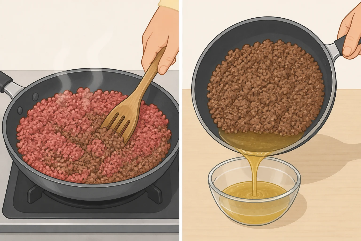 Illustration of ground beef chili prep with crumbles browning in a Dutch oven and pooled grease being drained so the chili isn't greasy; best beef for chili is shown using ground beef