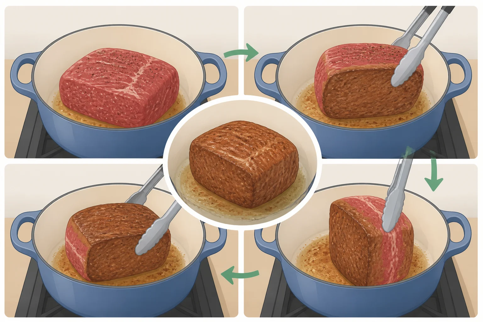 Illustration of a whole chuck roast searing in a hot Dutch oven for chili, showing the browned Maillard crust forming on the meat