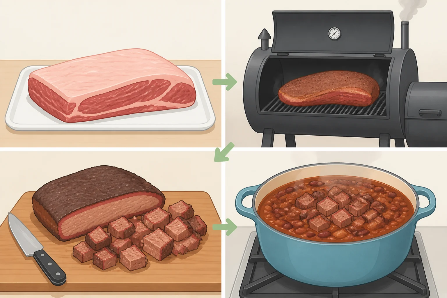 Illustration of a trimmed brisket on smoker grates with simple preparation steps before it’s diced and added to the chili pot