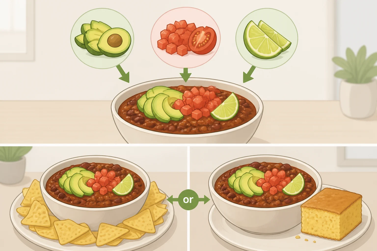 Illustration of finished chili topped with sliced avocado, diced tomato, and a squeeze of lime, served with tortilla chips or cornbread for scooping