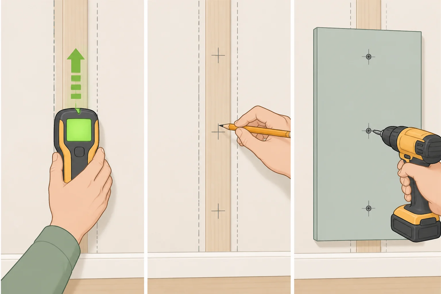 Illustration of a stud finder locating studs behind drywall and a person marking pencil fastener points for a mounted lattice panel