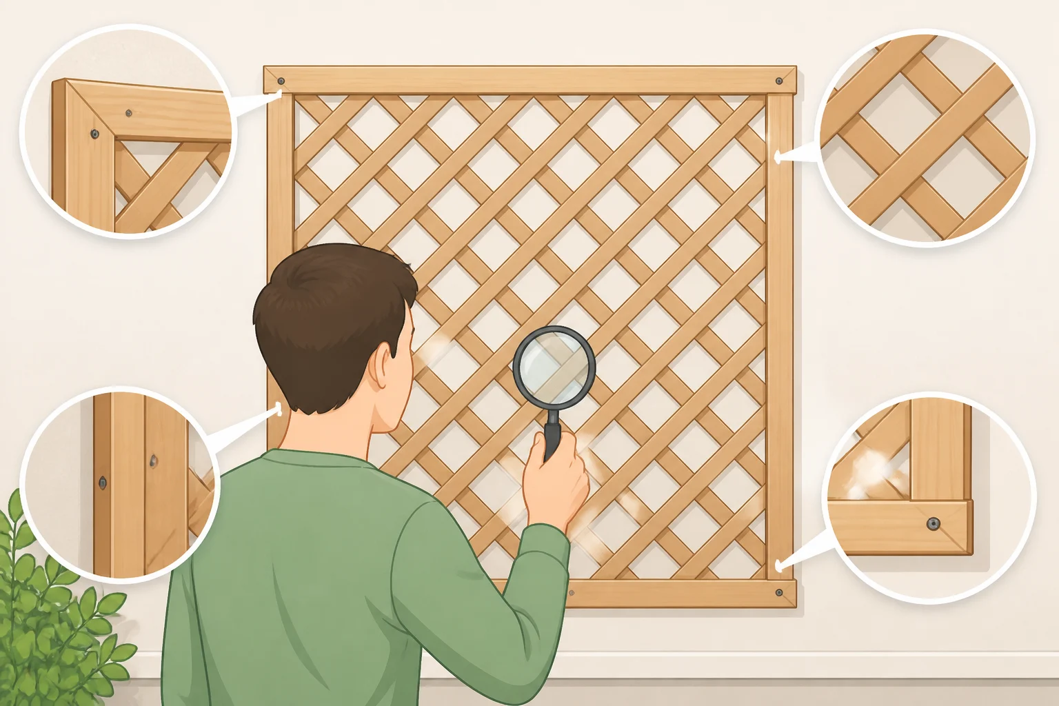 Illustration showing a finished treillage wall with level grid lines and nearly invisible seams, plus a hand pressing a fastener point to confirm it feels secure