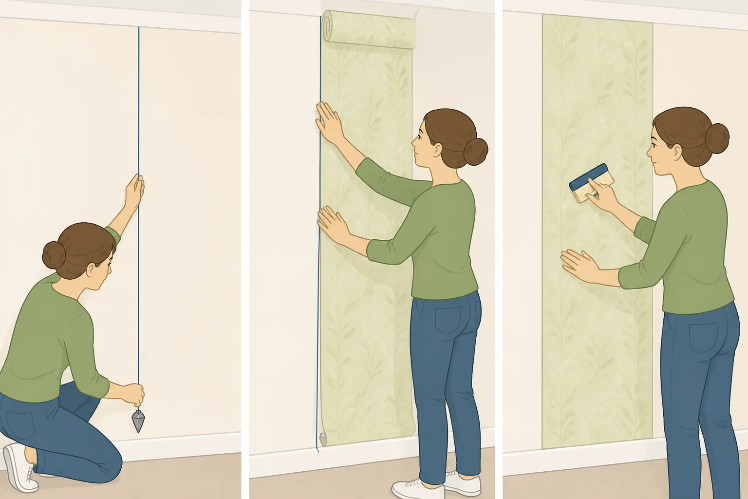Illustration of a homeowner snapping a vertical plumb line with a level and hanging the first lattice wallpaper strip aligned to the guideline