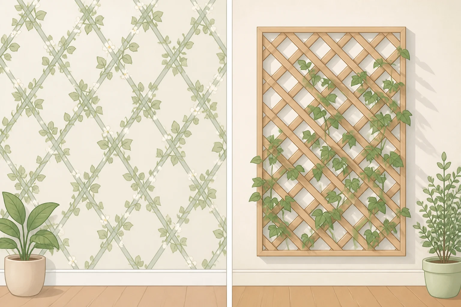Side-by-side illustration showing trellis wallpaper applied flat on a wall versus a mounted lattice panel creating real shadow depth through openings, highlighting indoor treillage ideas