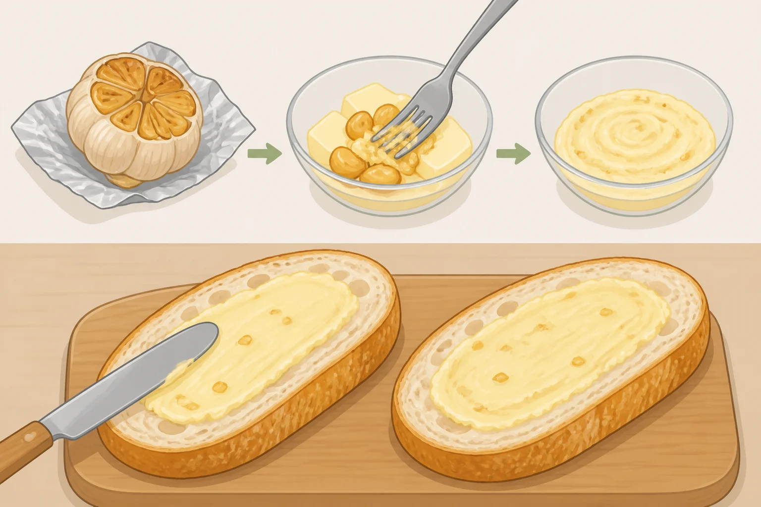 Roasted garlic cloves mashed into softened butter with parsley, then spread evenly on a sliced French or Italian loaf
